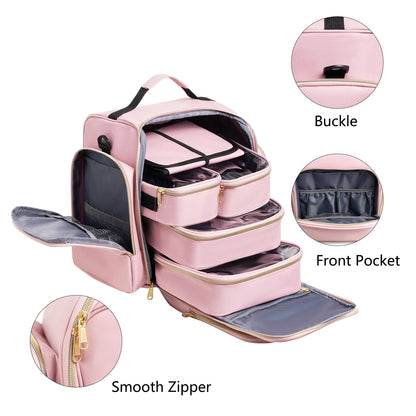 Large Capacity Travel Makeup Backpack with 5 Removable Organizer Cases & Jewelry Roll(pink) - Image 7