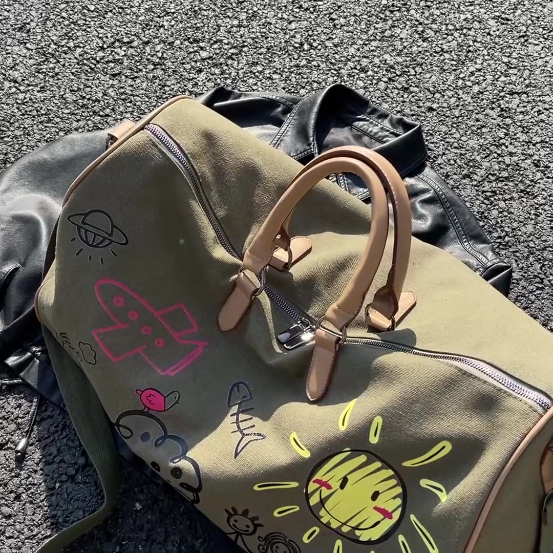 Large Capacity Canvas Travel Duffel Bag with Doodle Print - Weekend & Gym Tote(black) - Image 2