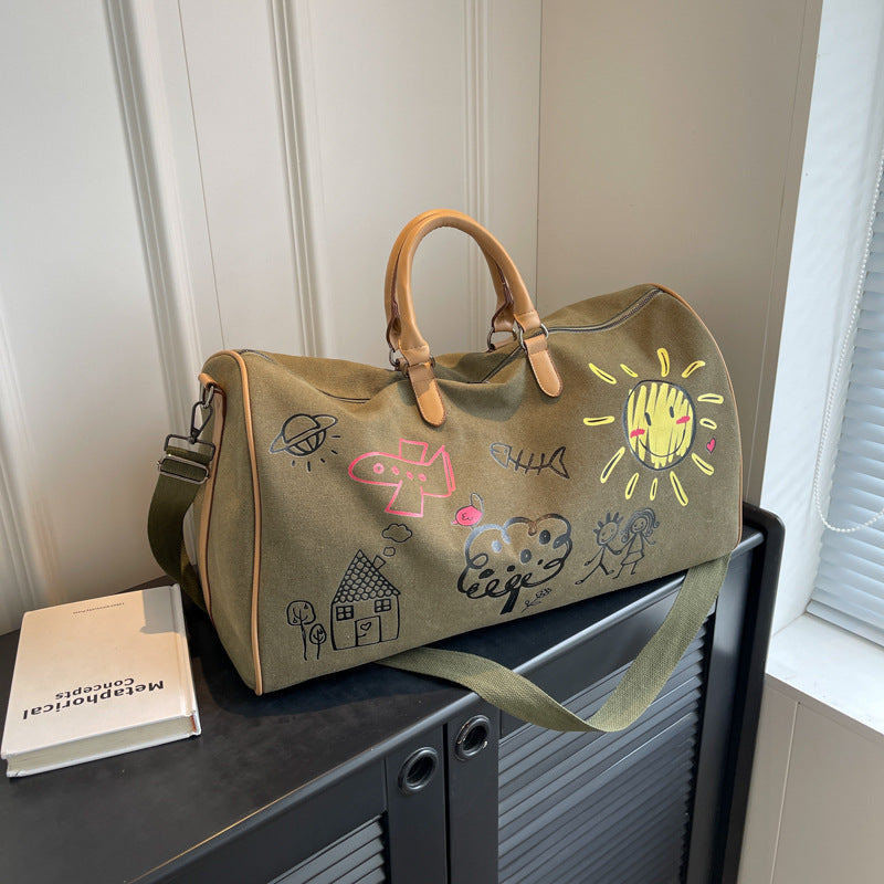 Large Capacity Canvas Travel Duffel Bag with Doodle Print - Weekend & Gym Tote(black) - Image 3