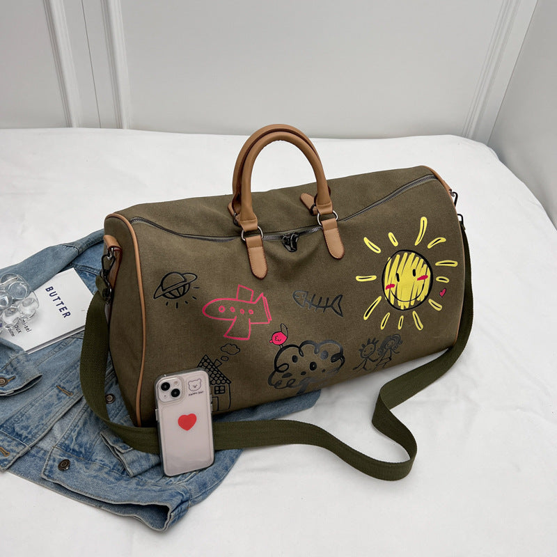 Large Capacity Canvas Travel Duffel Bag with Doodle Print - Weekend & Gym Tote(black) - Image 5