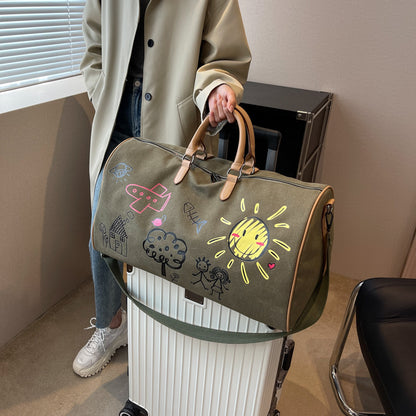 Large Capacity Canvas Travel Duffel Bag with Doodle Print - Weekend & Gym Tote(Green) - Image 4