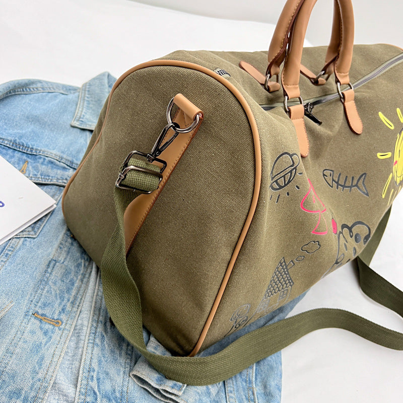Large Capacity Canvas Travel Duffel Bag with Doodle Print - Weekend & Gym Tote(Coffee) - Image 6