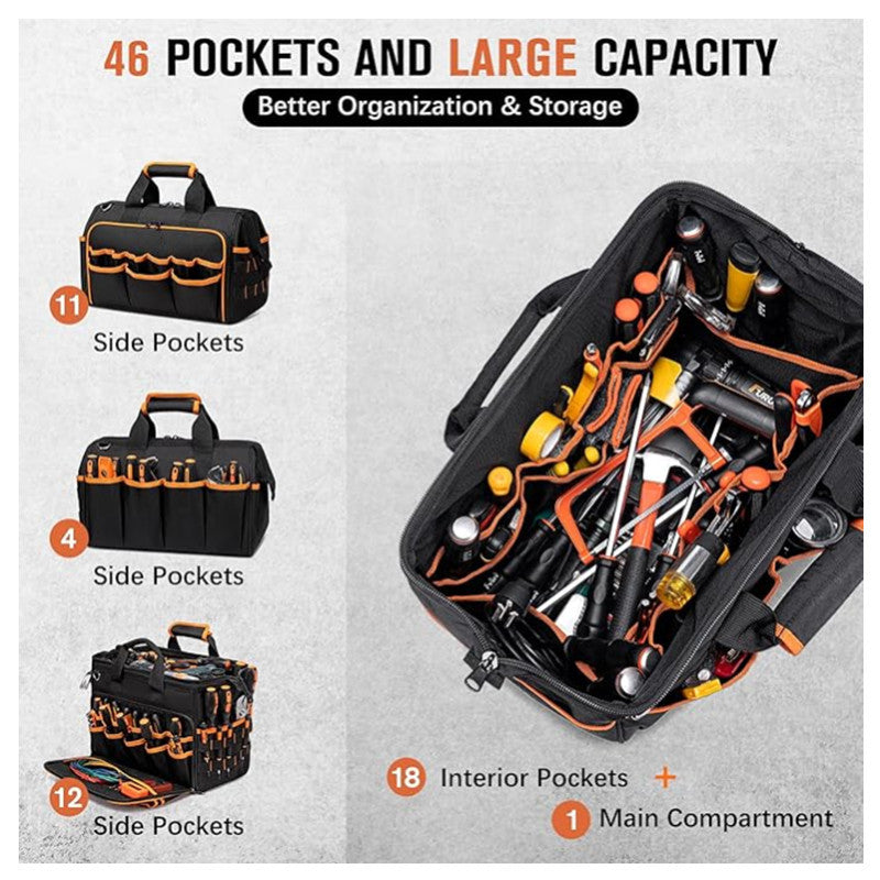 Heavy-Duty 17-Inch Tool Bag with 46 Pockets, Waterproof Base & Shoulder Strap(Black Orange) - Image 2