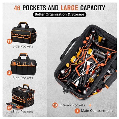 Heavy-Duty 17-Inch Tool Bag with 46 Pockets, Waterproof Base & Shoulder Strap(Black Orange) - Image 2