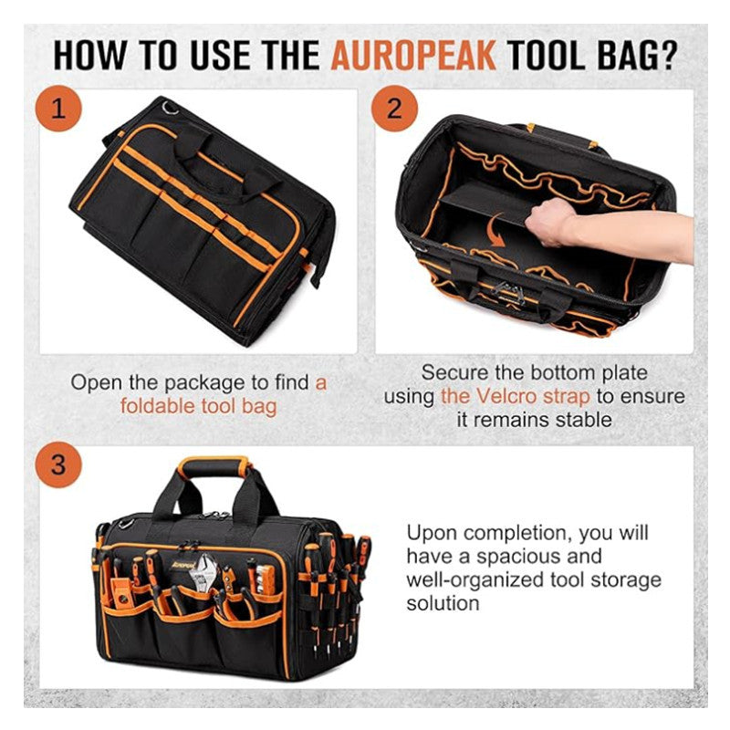 Heavy-Duty 17-Inch Tool Bag with 46 Pockets, Waterproof Base & Shoulder Strap(Black Orange) - Image 3