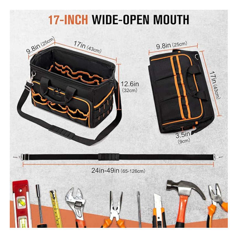 Heavy-Duty 17-Inch Tool Bag with 46 Pockets, Waterproof Base & Shoulder Strap(Black Orange) - Image 4