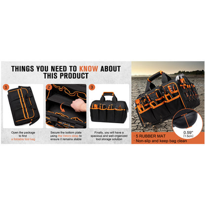 Heavy-Duty 17-Inch Tool Bag with 46 Pockets, Waterproof Base & Shoulder Strap(Black Orange) - Image 5