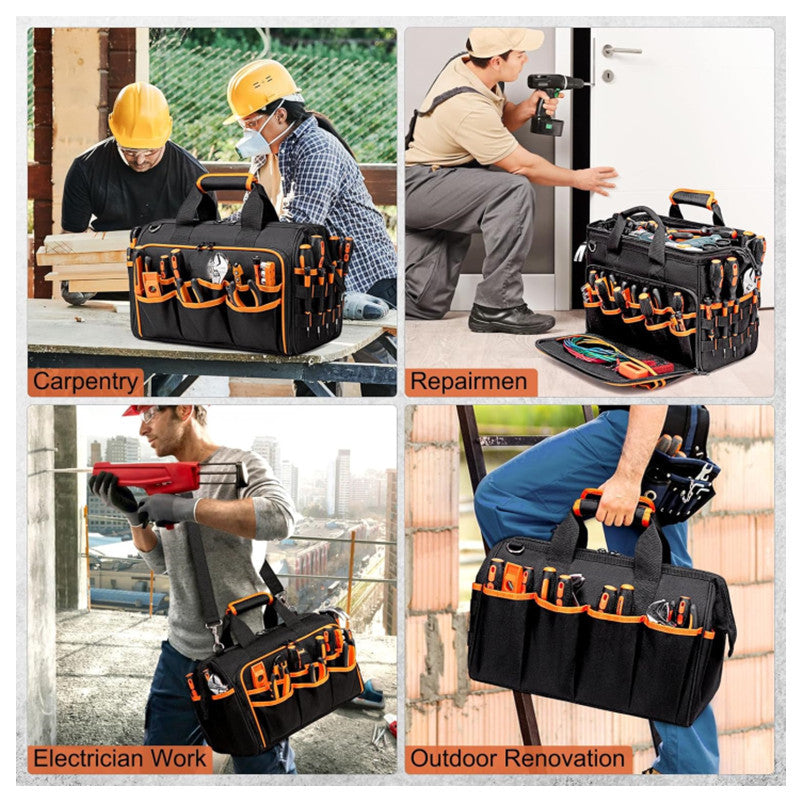Heavy-Duty 17-Inch Tool Bag with 46 Pockets, Waterproof Base & Shoulder Strap(Black Orange) - Image 6