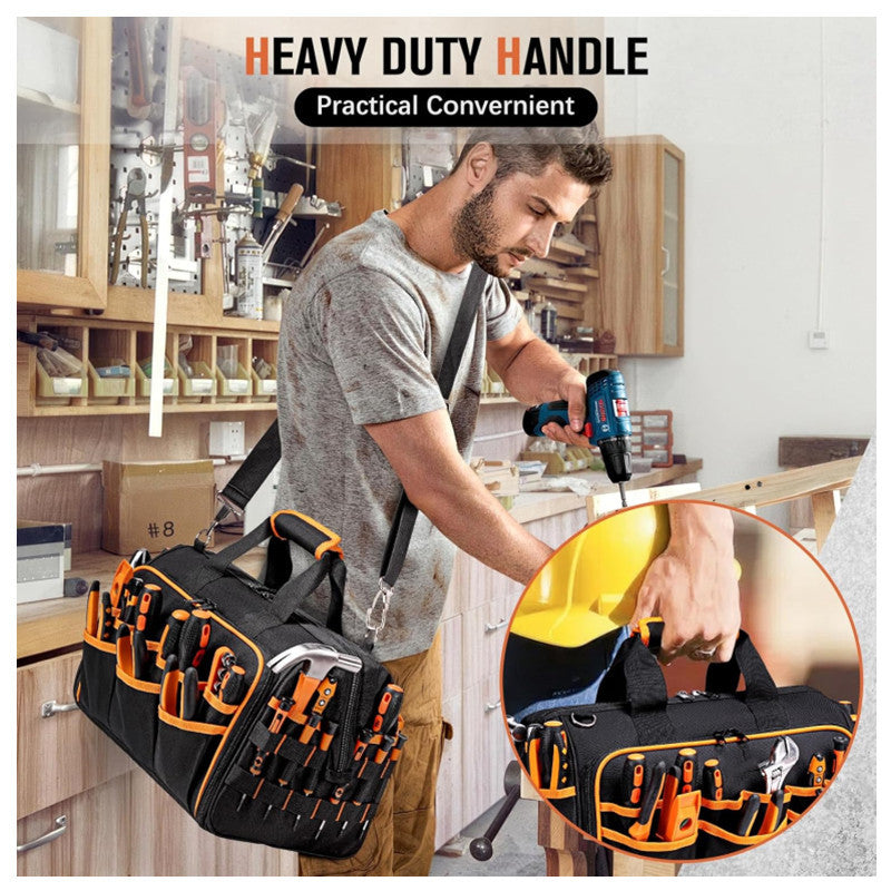 Heavy-Duty 17-Inch Tool Bag with 46 Pockets, Waterproof Base & Shoulder Strap(Black Orange) - Image 9