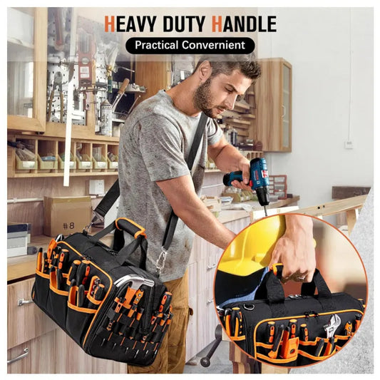 Heavy-Duty 17-Inch Tool Bag with 46 Pockets, Waterproof Base & Shoulder Strap(Black Orange) - Image 9
