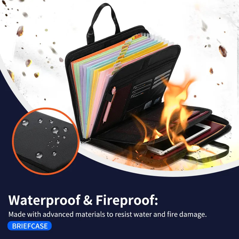 Fireproof & Waterproof Expanding File Folder Organizer with Zipper - Large Capacity Document Safe Bag(Black with handle model)