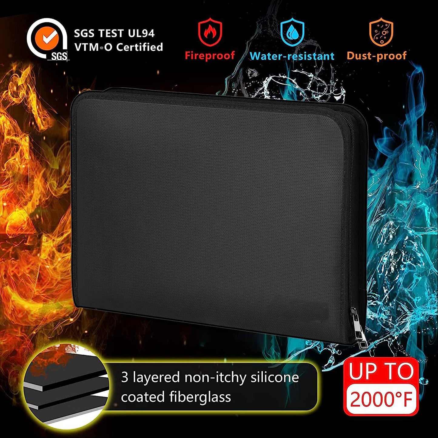 Fireproof & Waterproof Expanding File Folder Organizer with Zipper - Large Capacity Document Safe Bag(Black with handle model) - Image 8