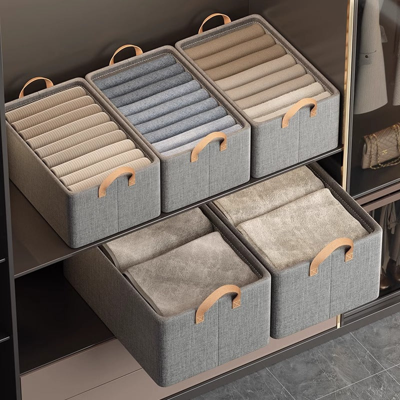 2pc Foldable Fabric Storage Bin with Steel Frame & Handles - 26L Stackable Closet Organizer(Grey) - Image 2