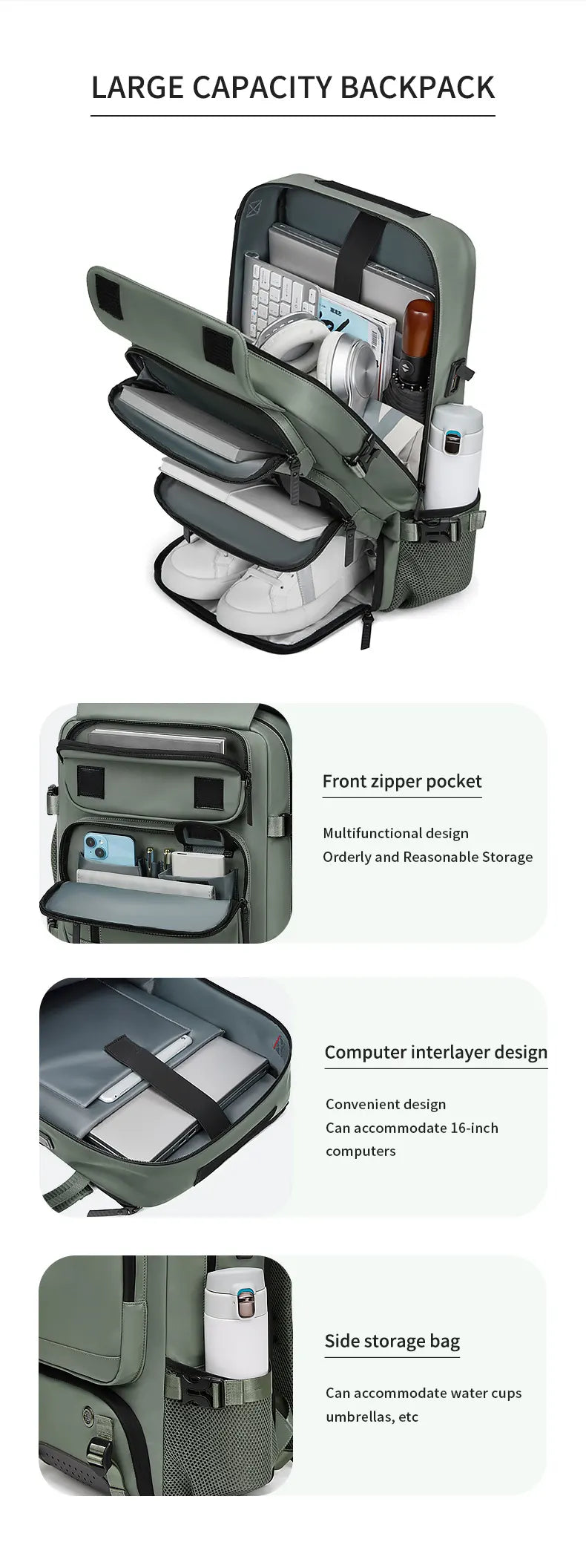 4-in-1 Convertible Travel Backpack & Briefcase - Large Capacity, 16" Laptop Compartment, USB Port(Army Green) - Image 5