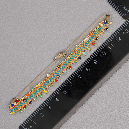 Green Style Artisan Boho Beaded Bracelet - Handmade Woven Friendship Band with Gold-Plated Chain - Image 2