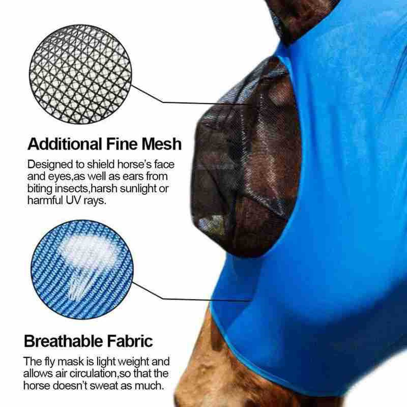 Blue 2-PCS Breathable Horse Fly Mask Set - Equestrian Fly Veils with Ears for Insect Control and Comfort - Image 3