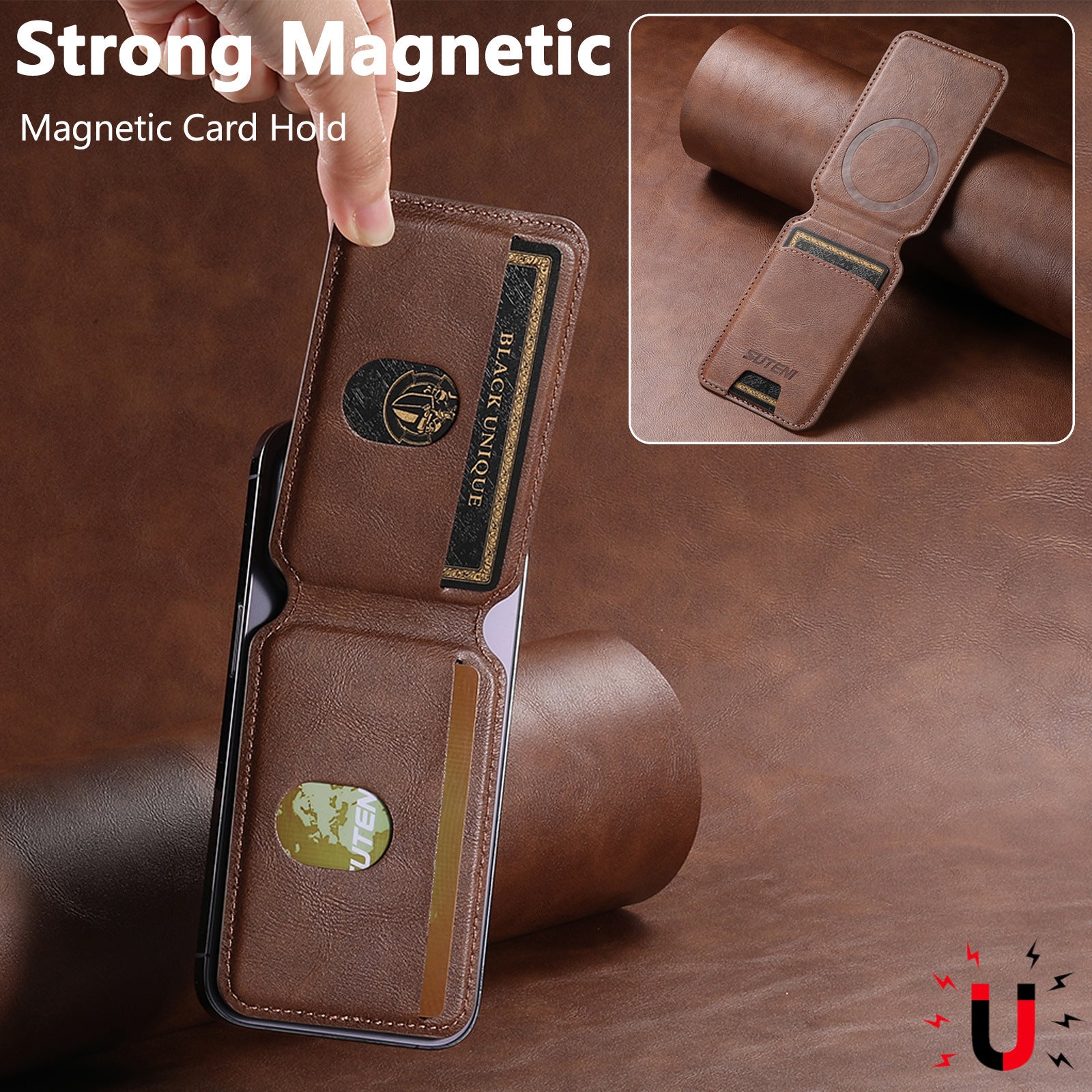 Black Slim Magnetic Wallet with Kickstand for MagSafe - PU Leather Card Holder - Image 3