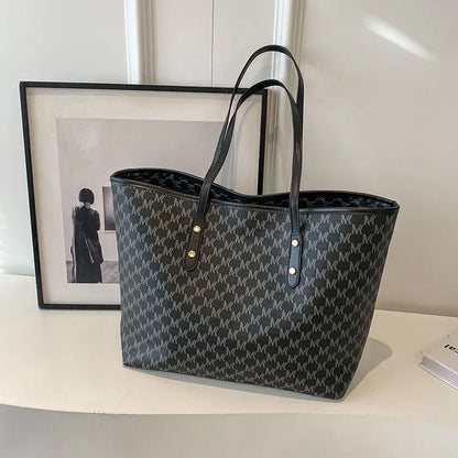 Black Chic Monogram Print Tote Bag - Large Capacity Shoulder Handbag for Work & Commuting