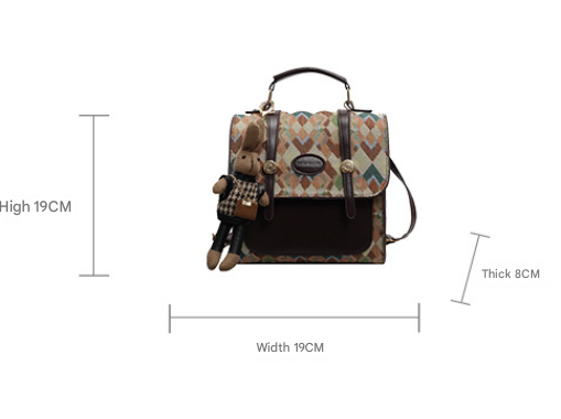 Blue Vintage Geometric Print Convertible Mini Backpack - 3-Way Satchel with Cute Bunny Charm - Image 2