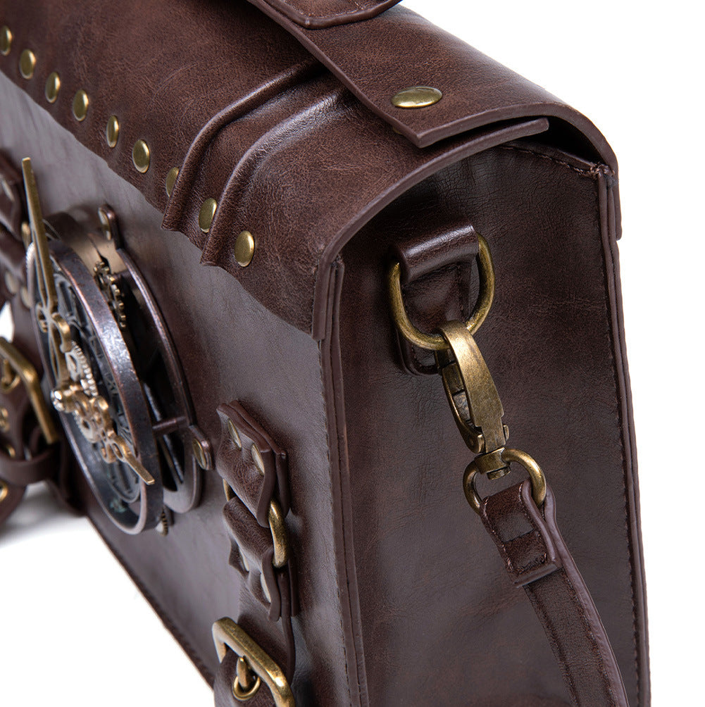 Retro Steampunk Satchel Bag with Decorative Clock & Gears - Gothic Crossbody Purse - Image 4