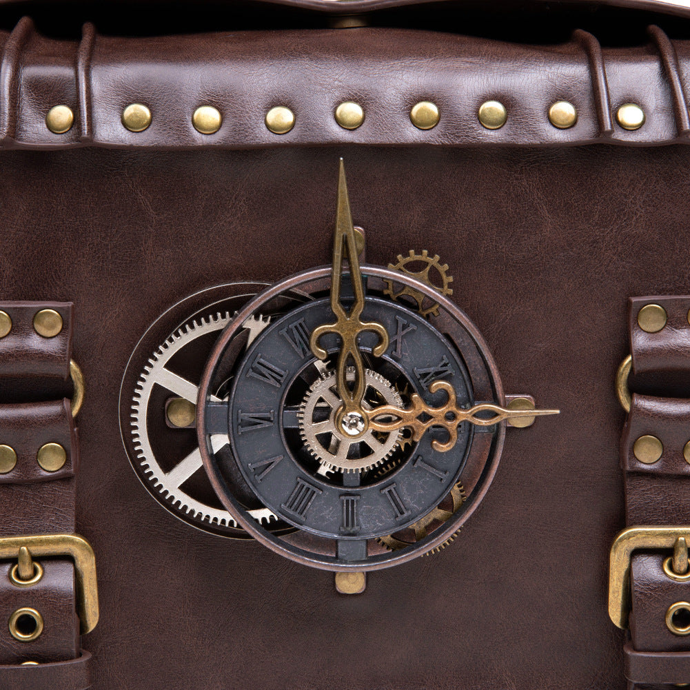 Retro Steampunk Satchel Bag with Decorative Clock & Gears - Gothic Crossbody Purse - Image 5