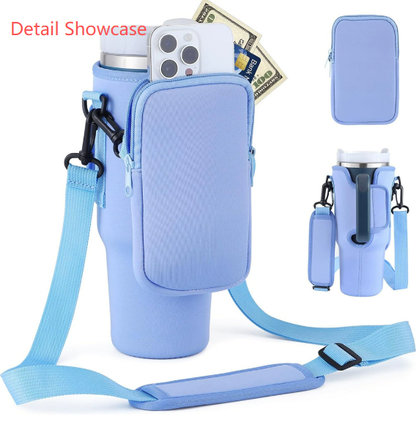 Black Crossbody Tumbler Carrier with Detachable Wallet Pouch and Adjustable Strap - Image 2