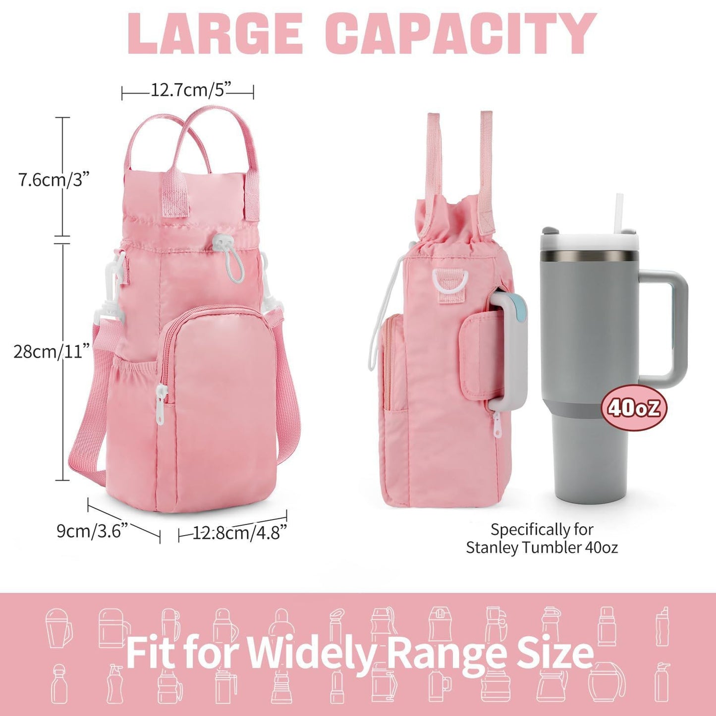 Black Protective Crossbody Water Bottle Holder with Pockets, Fits 40oz Stanley Tumbler - Image 2