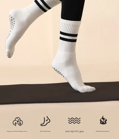Black (3-Pack) Unisex Striped Non-Slip Grip Socks - Cotton Crew Socks for Yoga, Pilates & Home Workouts - Image 3