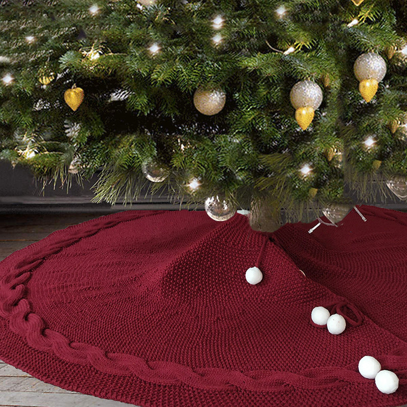 Festive Knit Christmas Tree Skirt - Acrylic Red Tree Mat with Pom-Poms 122cm - Image 2