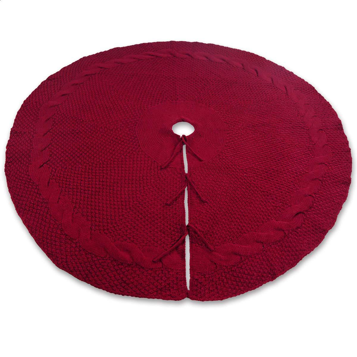 Festive Knit Christmas Tree Skirt - Acrylic Red Tree Mat with Pom-Poms 122cm - Image 3