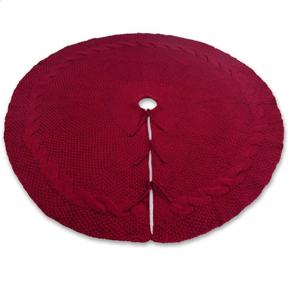Festive Knit Christmas Tree Skirt - Acrylic Red Tree Mat with Pom-Poms 122cm - Image 3