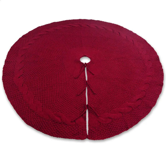 Festive Knit Christmas Tree Skirt - Acrylic Red Tree Mat with Pom-Poms 122cm - Image 3