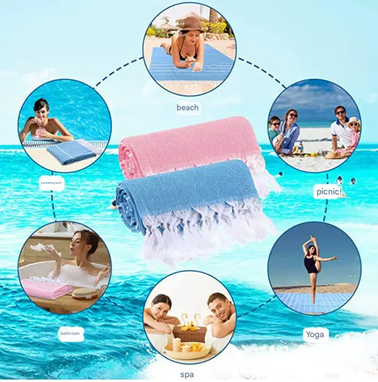 Green Chic Striped 100% Cotton Beach Towel with Tassels - Extra Large & Absorbent (180x90cm) - Image 3