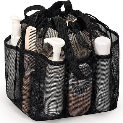 Black Large Multi-Pocket Mesh Beach Tote Bag - Quick-Dry Travel & Gym Organizer with Drawstring Closure