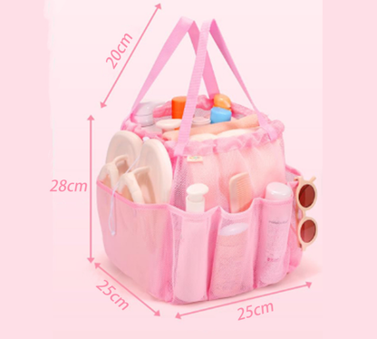 Pink Large Multi-Pocket Mesh Beach Tote Bag - Quick-Dry Travel & Gym Organizer with Drawstring Closure - Image 3