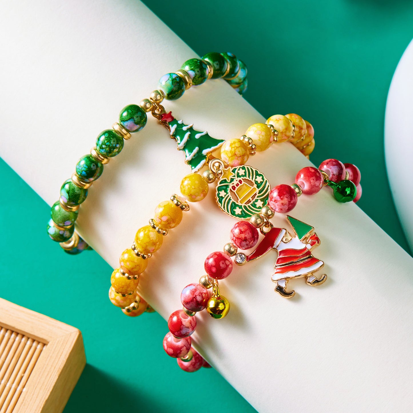 (12-Pack) Festive Christmas Beaded Charm Bracelet Set- Santa, Snowman & Reindeer Jewelry - Image 4