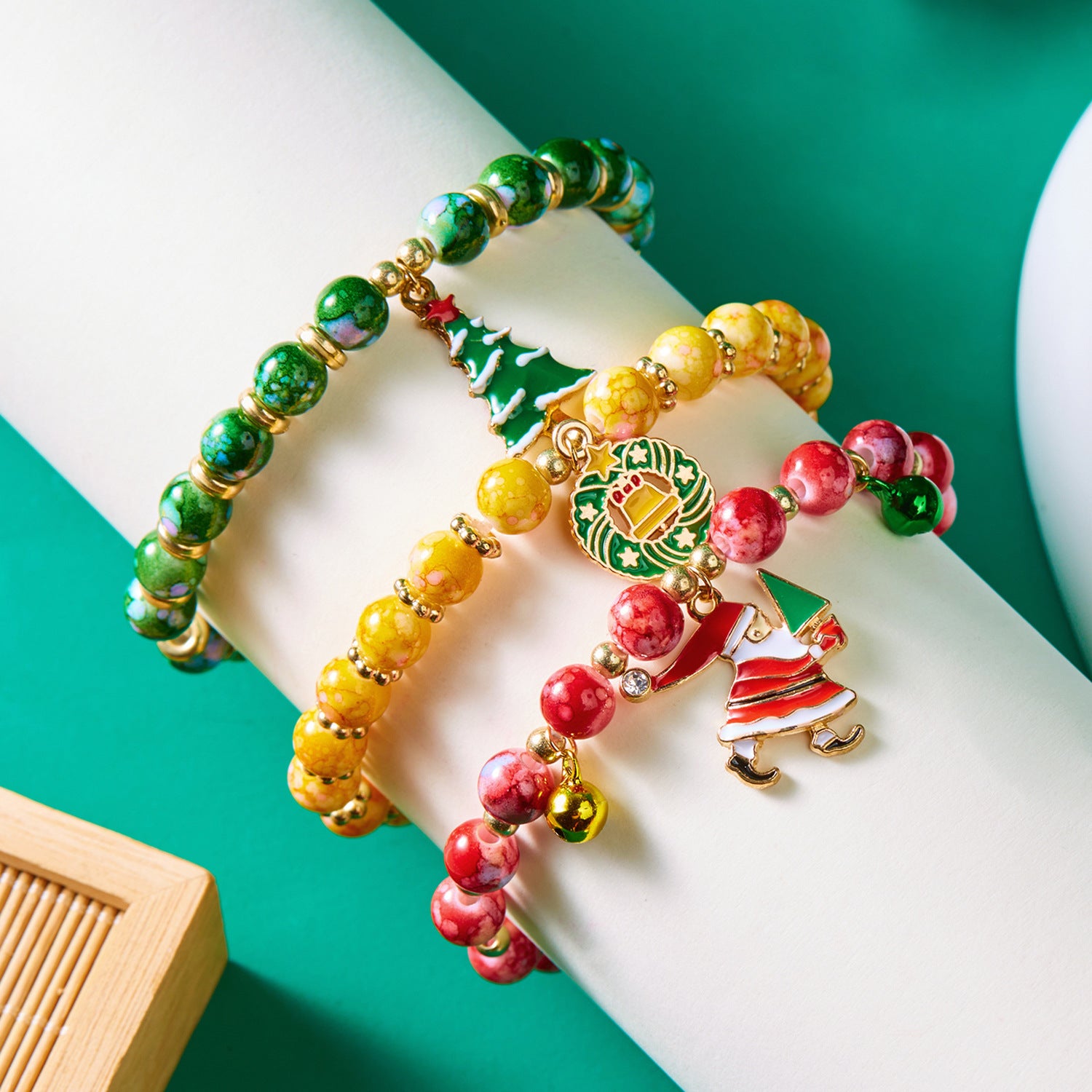 (12-Pack) Festive Christmas Beaded Charm Bracelet Set- Santa, Snowman & Reindeer Jewelry - Image 4