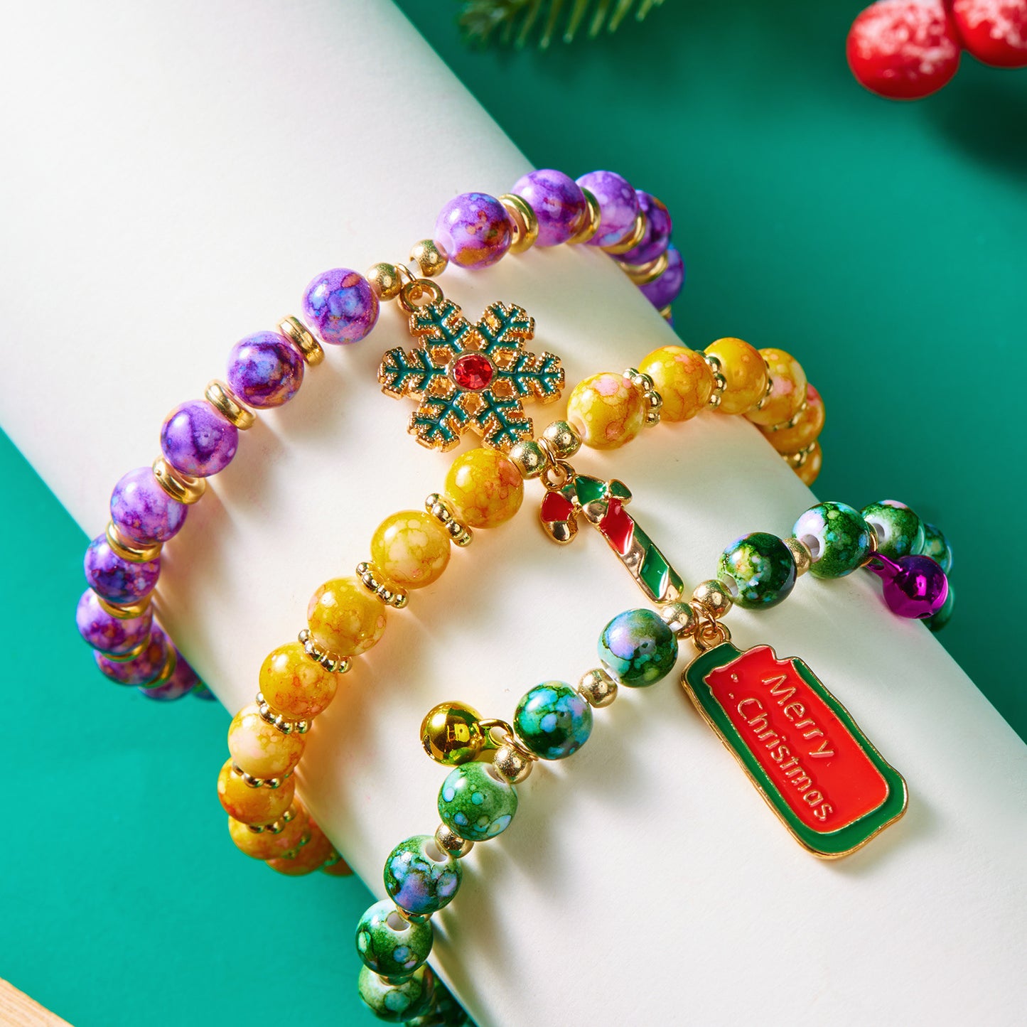(12-Pack) Festive Christmas Beaded Charm Bracelet Set- Santa, Snowman & Reindeer Jewelry - Image 5