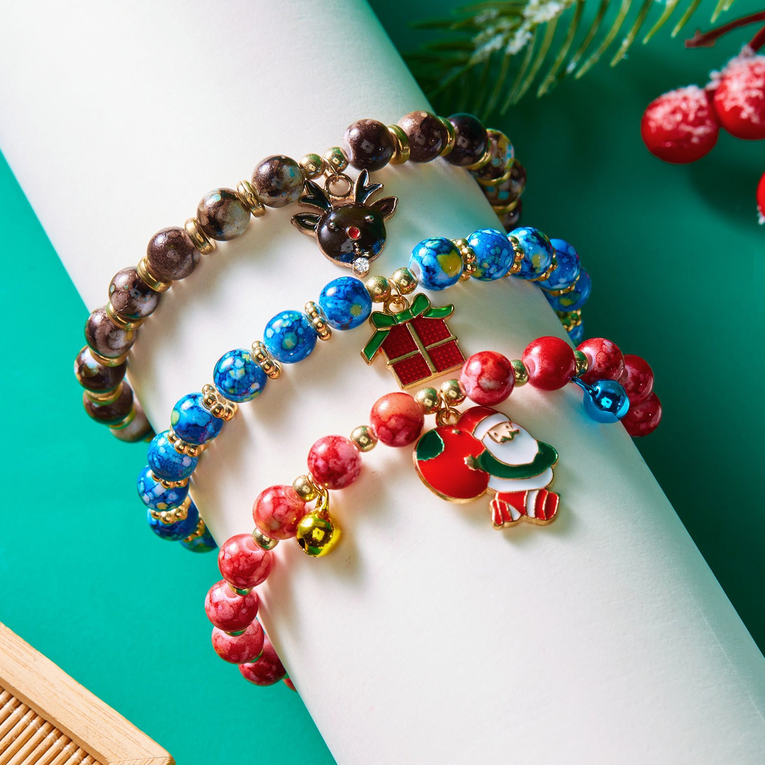 (12-Pack) Festive Christmas Beaded Charm Bracelet Set- Santa, Snowman & Reindeer Jewelry - Image 6