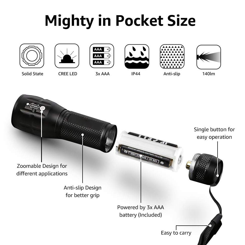 Compact Tactical LED Flashlight - Super Bright 160LM with Adjustable Zoom & Anti-Slip Grip - Image 3