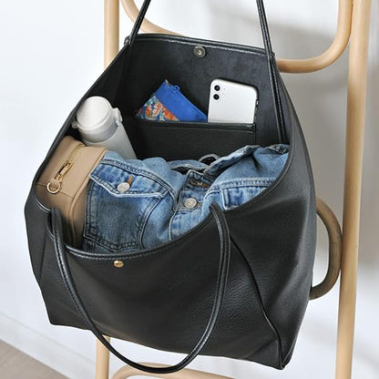 Beige Classic Oversized Tote Bag - Soft Faux Leather Shoulder Purse for Work, Travel & Everyday Use - Image 3