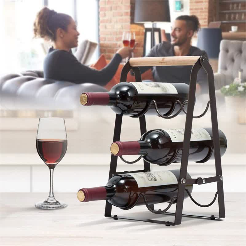Rustic 6-Bottle Foldable Wine Rack - Metal Countertop Holder with Wooden Handle - Image 3