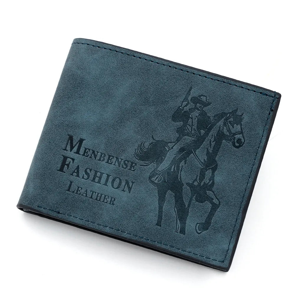 3-PCS Blue Menbense Fashion Leather Wallet Set - Vintage Hunter Design Bi-Fold Wallet with Card Slots