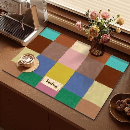 2-Piece Colourful Blocks Dopamine Drain Mat Set - 30x40cm Coffee Machine Mat, Bar Mat, Heat Resistant Kitchen Countertop Absorbent Mat