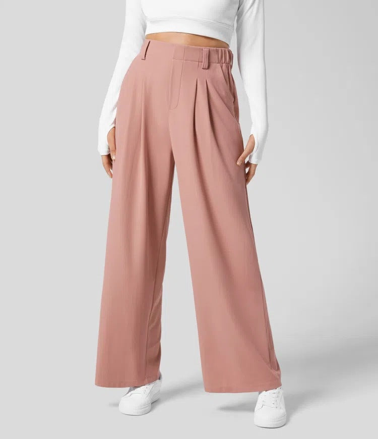 S Pink Drapey High-Waist Wide-Leg Trousers - Loose Fit Casual Long Pants for Women