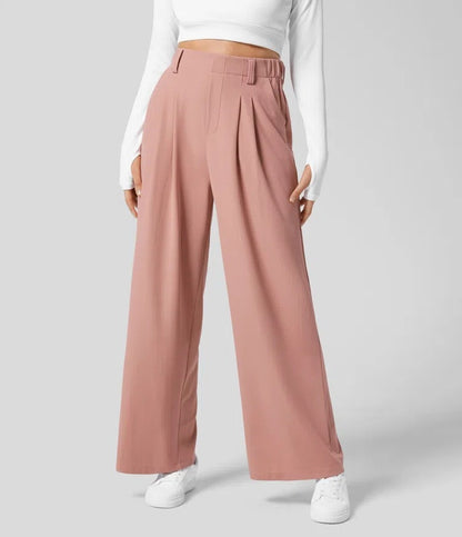 L Pink Drapey High-Waist Wide-Leg Trousers - Loose Fit Casual Long Pants for Women