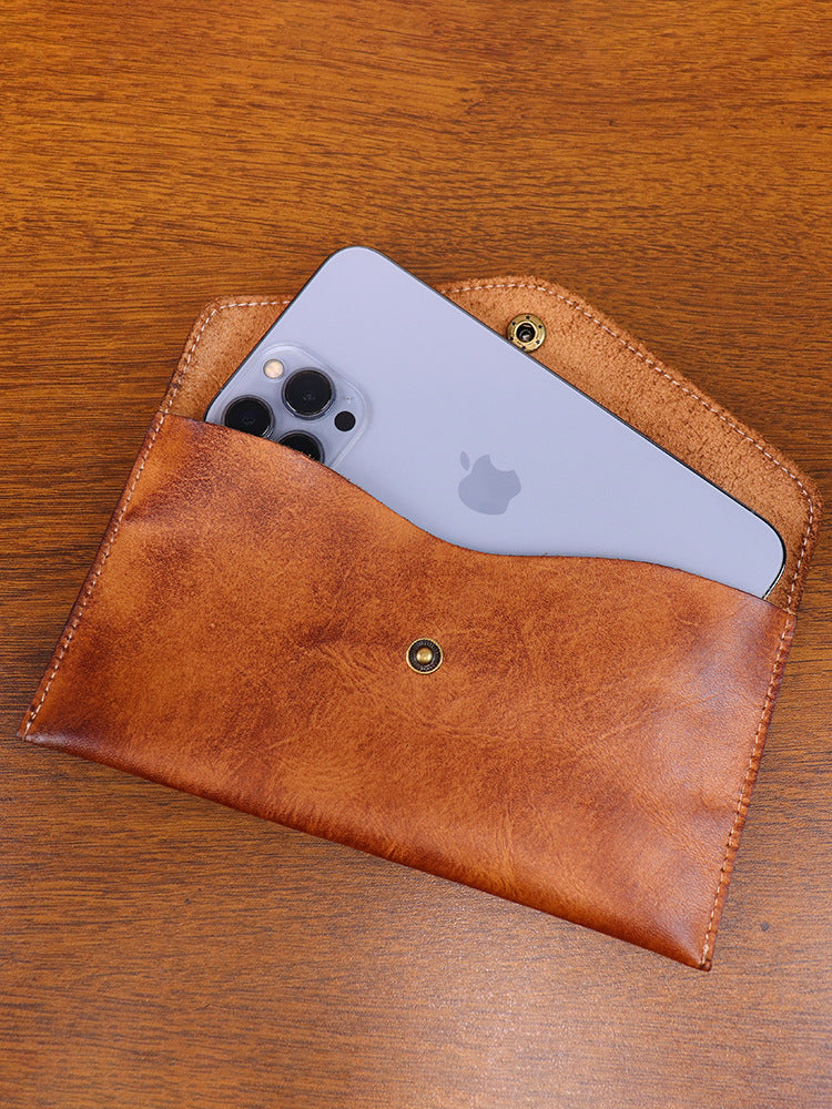 Brown Vintage Japanese Style Full-Grain Leather Phone Wallet - Slim Envelope Clutch for Women - Image 3