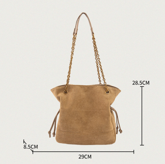 Khaki Chic Suede Hobo Bag for Women - Versatile Tote with Drawstring, Large Capacity Commuter Bucket Bag - Image 2