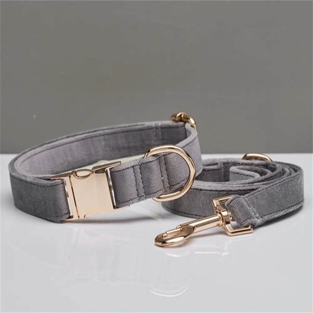 S Grey Luxury Velvet Pet Collar & Leash Set - Engravable Dog Collar with Gold Hardware