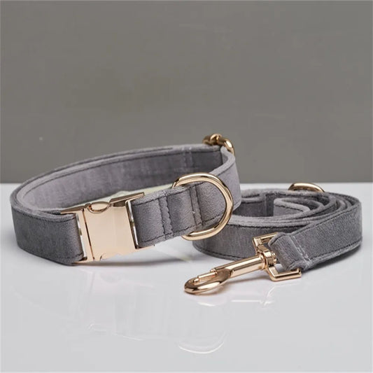 L Grey Luxury Velvet Pet Collar & Leash Set - Engravable Dog Collar with Gold Hardware